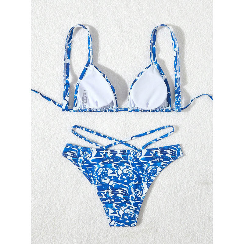 Damen Triangel-Bikini mit kreativem floralem Druck und verstellbaren Schnürdetails Drune