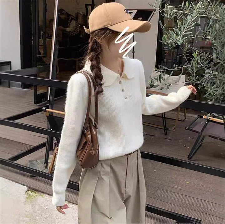 Damen Pullover mit strukturiertem Polo-Kragen und Knopfdetails Drune
