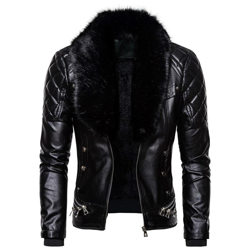 Herren stylische Kunstlederjacke mit Plüschkragen Drune