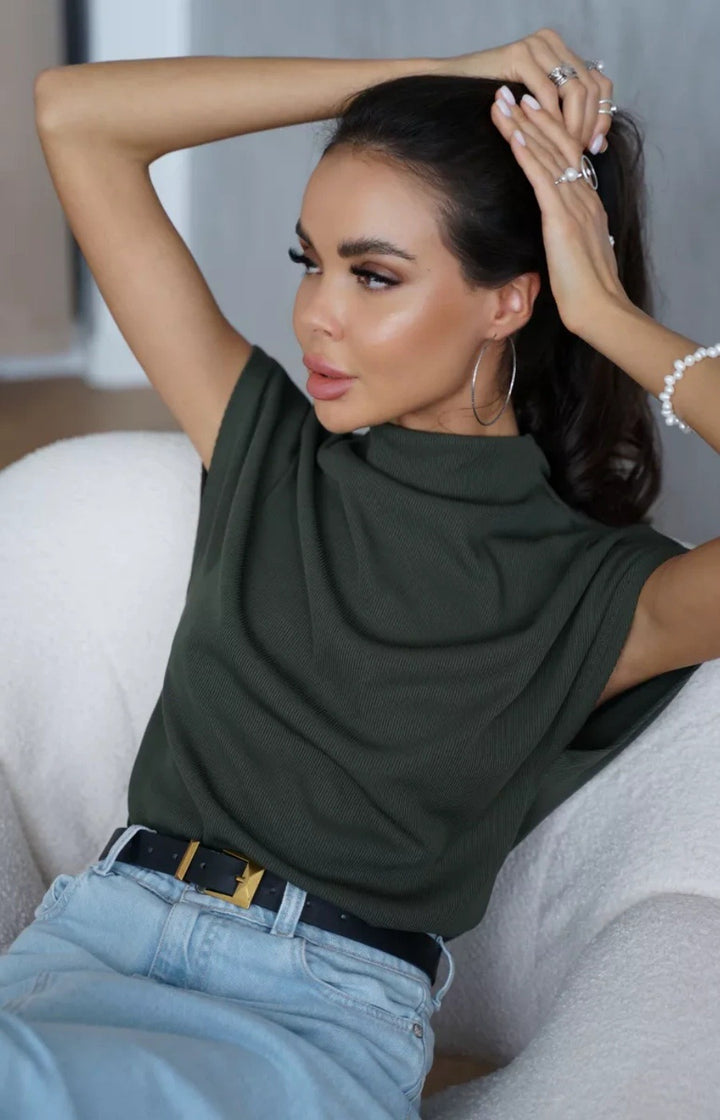 Damen modisches Kurzarm-Shirt mit hochgeschlossenem Kragen und elegantem Schnitt