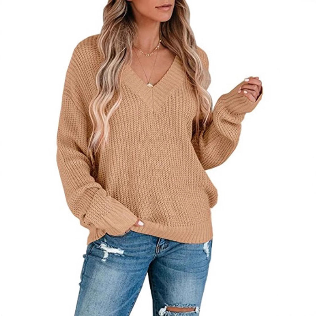 Damen lässiger Strickpullover mit V-Ausschnitt und weichem Material Drune