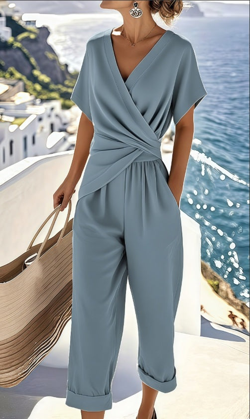 Damen Eleganter Jumpsuit mit Wickeloptik und breiten Beinen Drune