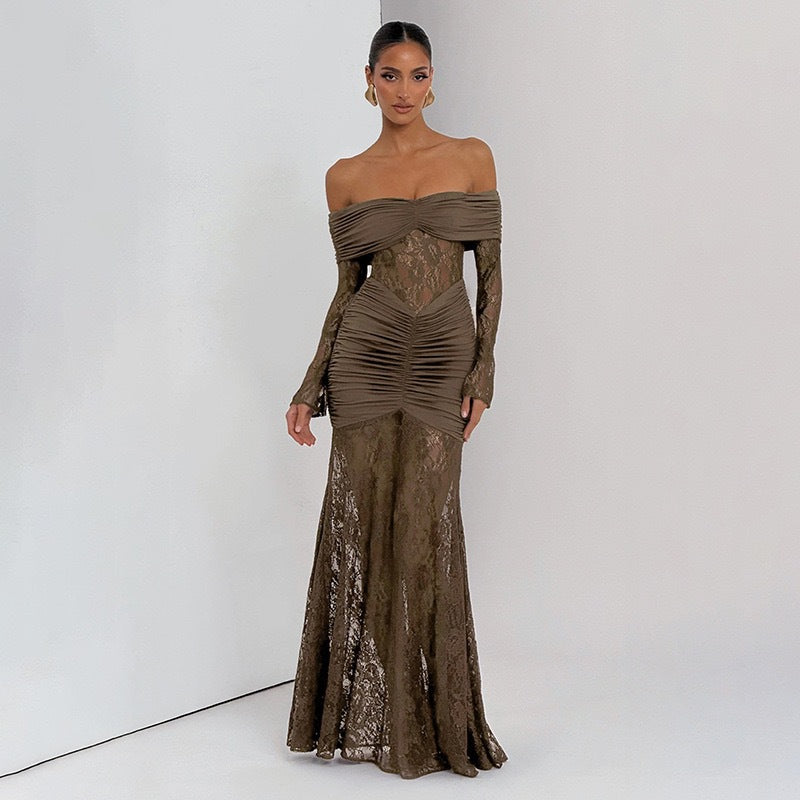 Damen Elegantes Langarm-Spitzenkleid mit Raffungen und schulterfreiem Design Drune