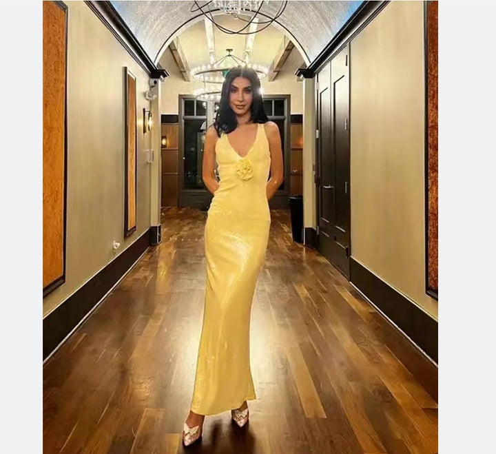 Damen Glamouröses Pailletten-Abendkleid mit tiefem Ausschnitt und eleganter Silhouette Drune