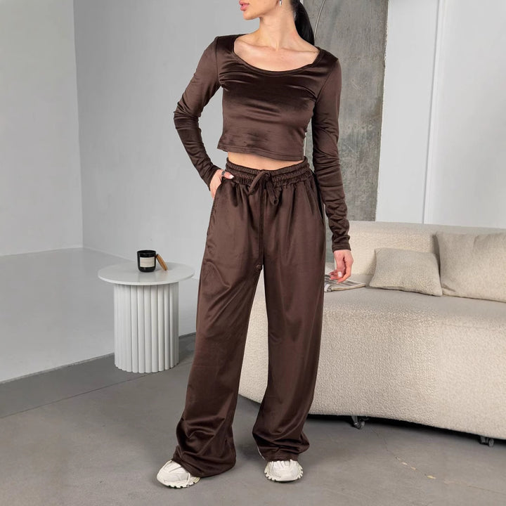Damen trendiger Cropped-Langarmshirt- und Jogginghose-Set Drune