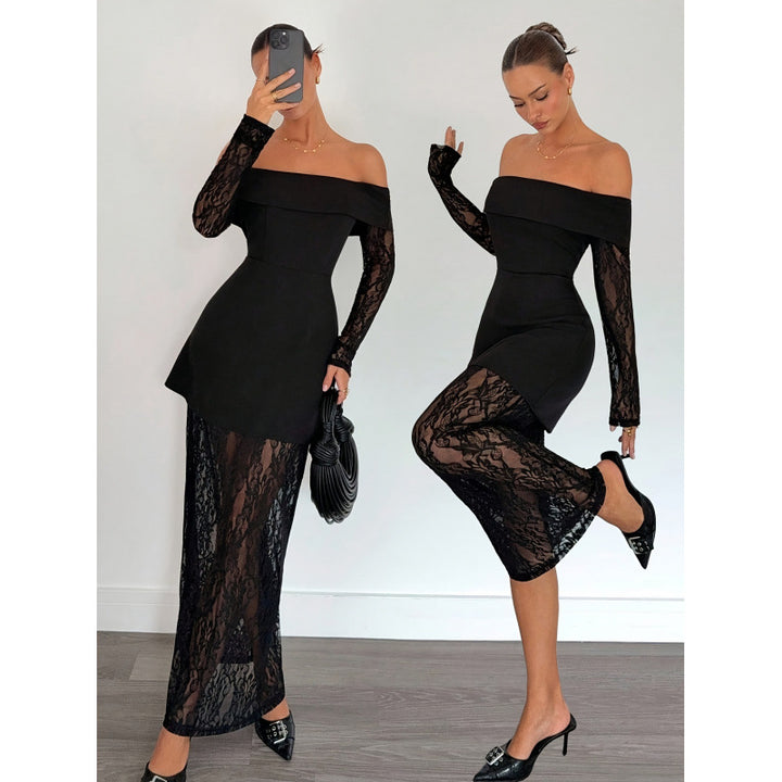 Damen Spitzen Abendkleid mit schulterfreiem Design und langen Ärmeln Drune
