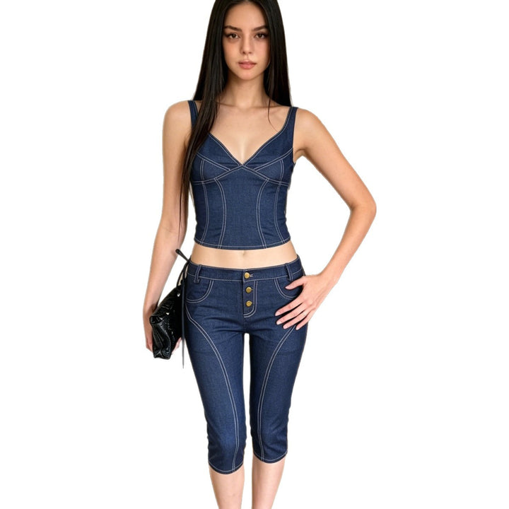 Damen Capri-Jeans mit trendigem Schnitt und rustikalen Knopfdetails Drune