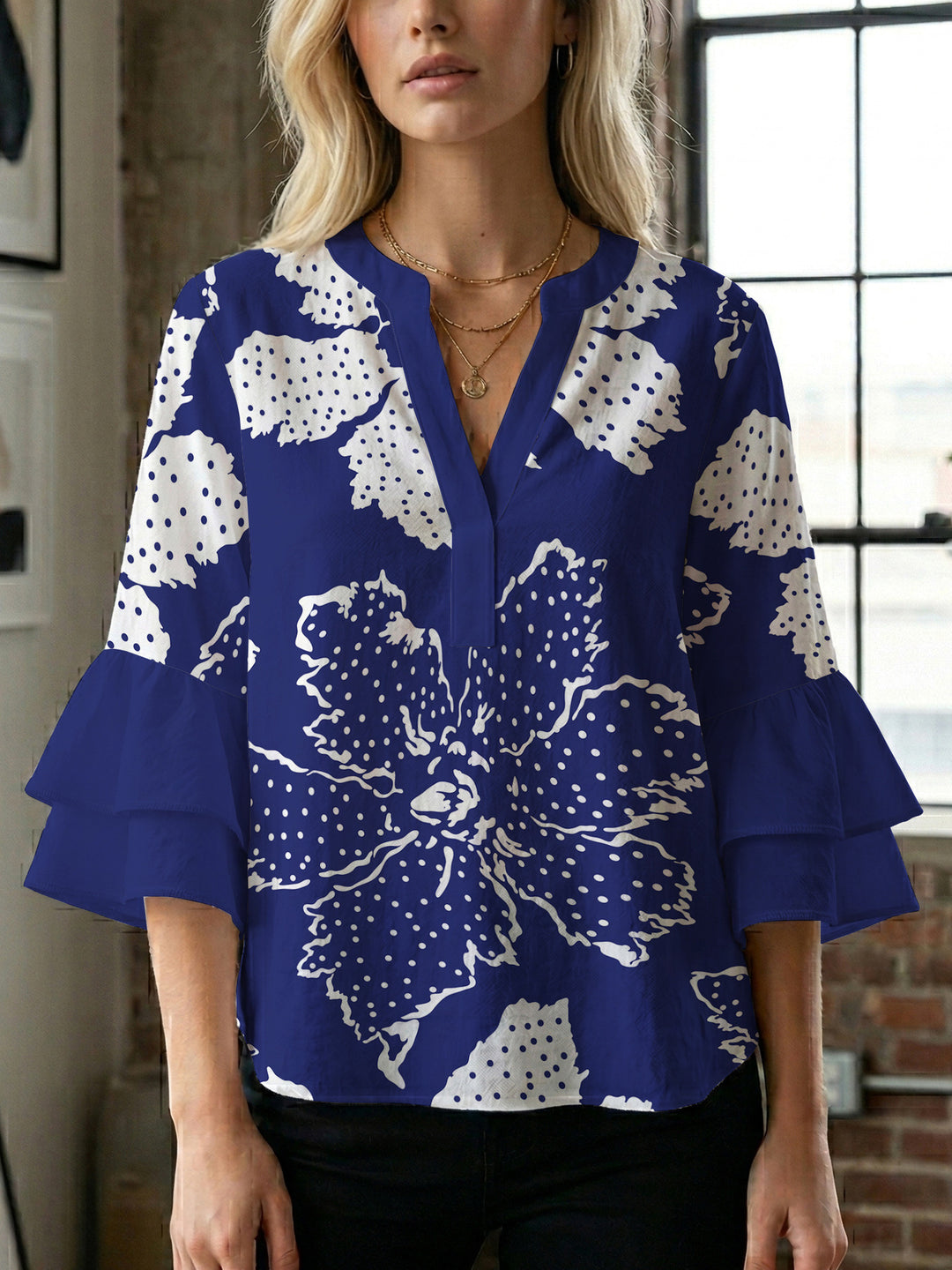 Damen elegantes Blusenshirt mit voluminösen Rüsenärmeln und grafischem Blumendesign Drune