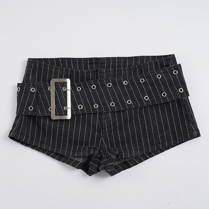 Damen Shorts im urbanen Nadelstreifen-Look mit breitem Taillengürtel und Ösen Drune