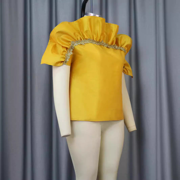 Damen elegantes Blusenshirt mit voluminösen Puffärmeln und dekorativem Spitzenrand Drune