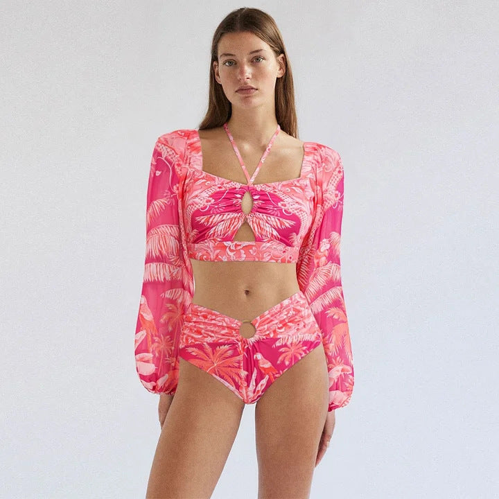 Damen Bikiniset mit transparentem Puffärmel und geflochtenem Detail Drune