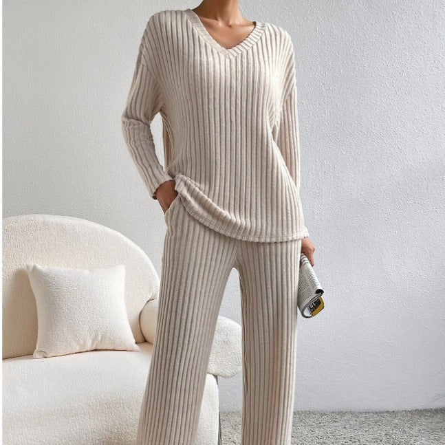 Damen Strick-Loungewear Set mit Rippenstruktur und V-Ausschnitt Drune