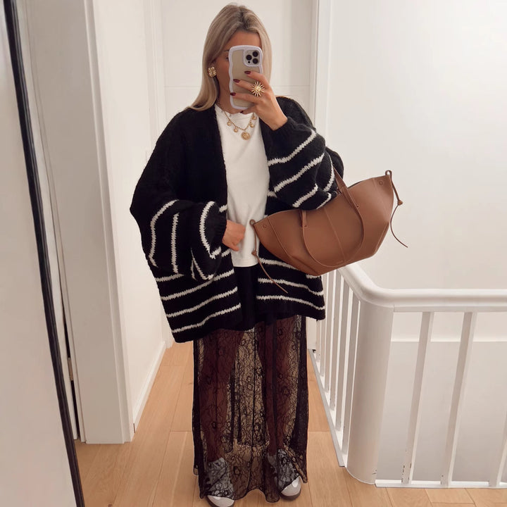 Damen Strickjacke mit voluminösen Ärmeln und modischen Streifen Drune