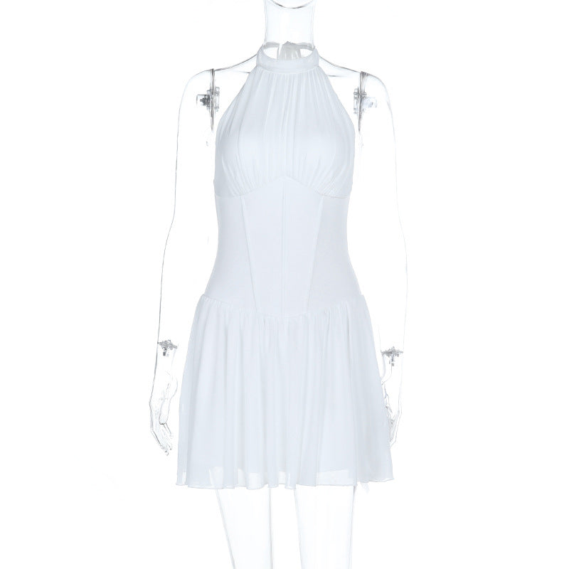Damen schulterfreies Minikleid mit elegantem Halterneck und schwingendem Rock Drune
