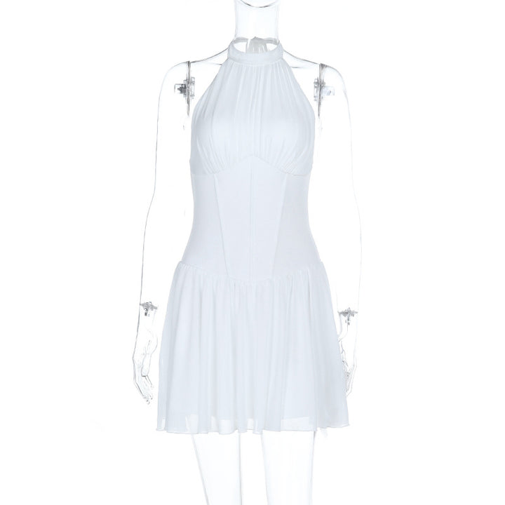 Damen schulterfreies Minikleid mit elegantem Halterneck und schwingendem Rock Drune