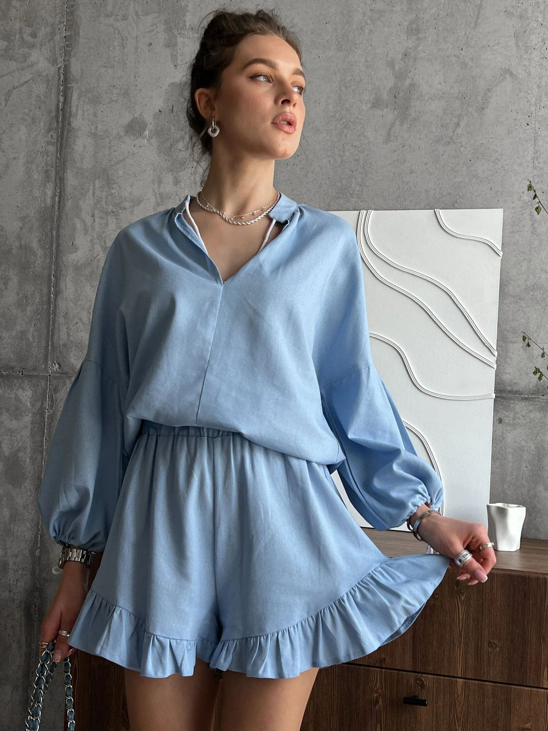 Damen lässiges Blusen- und Shorts-Set mit Rüschendetails und weitem Schnitt Drune
