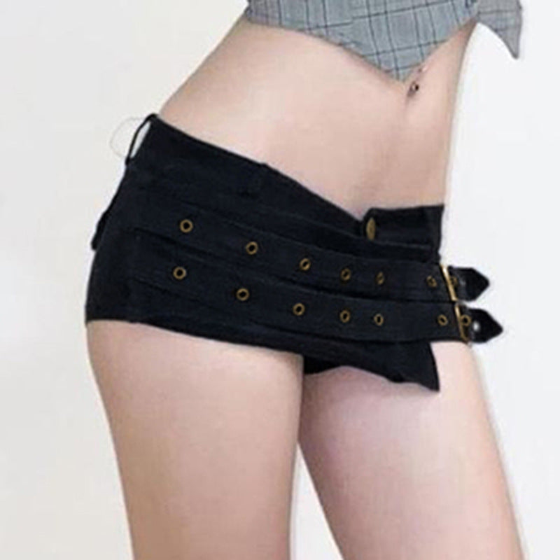Damen Modische Shorts mit dekorativen Schnallen und Gürtelschlaufen Drune