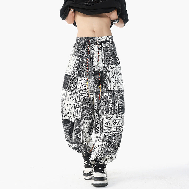 Damen nan lässige Pluderhose im Ethno-Print mit elastischem Bund, Kordelzug und gesmokten Bündchen Drune