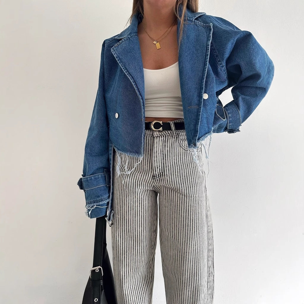 Damen cropped Denimjacke im Vintage-Stil mit fransen und modischen Details Drune