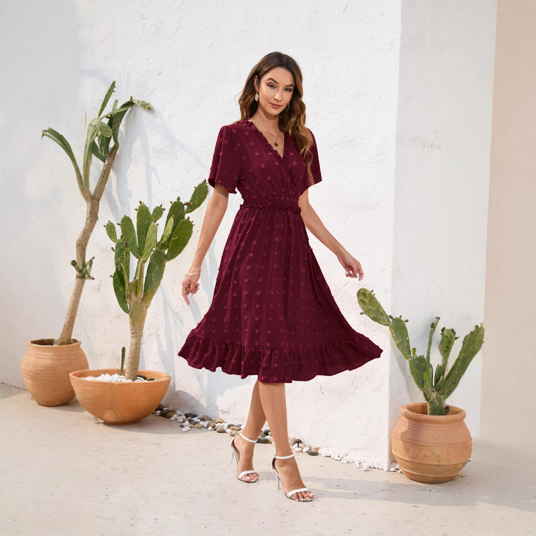 Damen Midikleid mit raffiniertem V-Ausschnitt, elastischem Taillenzug und fließendem Rock Drune