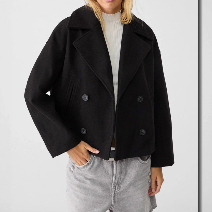 Damen nan kurz geschnittener Zweireiher Wollmix-Peacoat mit überbreitem Revers und kastiger Silhouette Drune