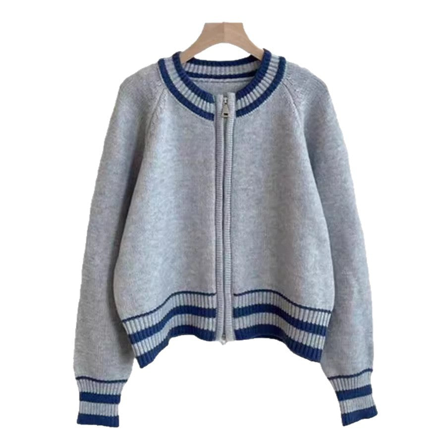 Damen sportlicher Strickcardigan mit Reißverschluss und gestreiftem Bündchen Drune