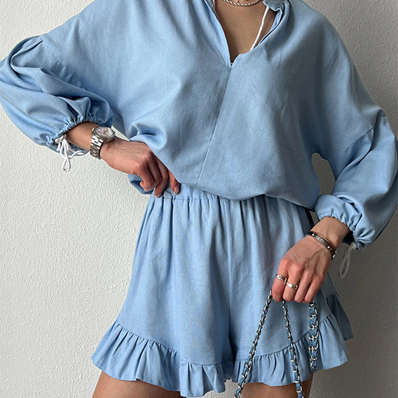 Damen lässiges Blusen- und Shorts-Set mit Rüschendetails und weitem Schnitt Drune