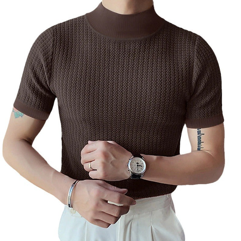 Herren nan kurzärmliges Stehkragen-Feinstrickshirt mit feiner Rippstruktur Drune