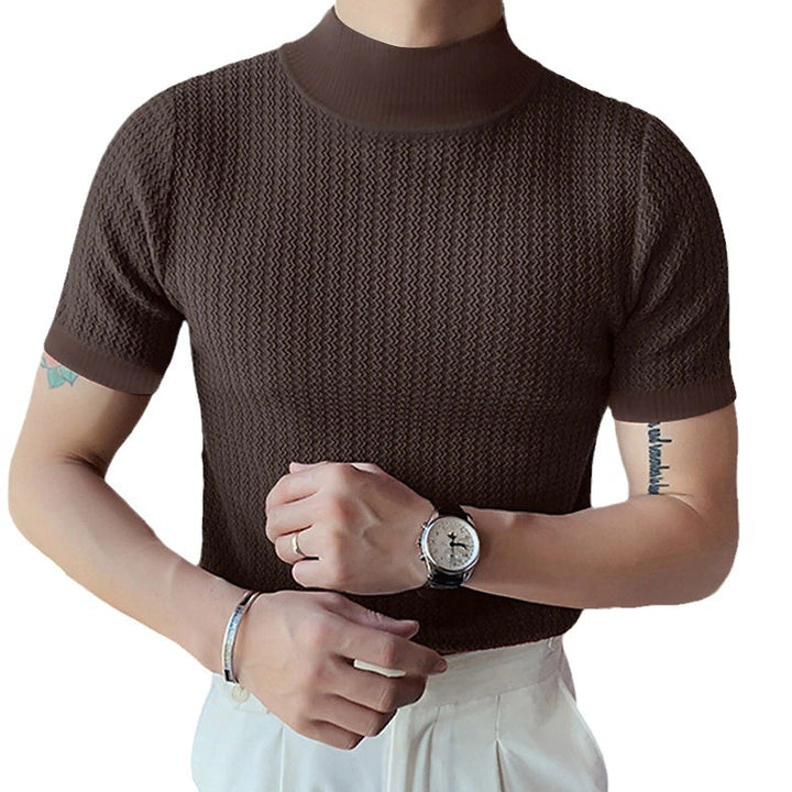Herren nan kurzärmliges Stehkragen-Feinstrickshirt mit feiner Rippstruktur Drune