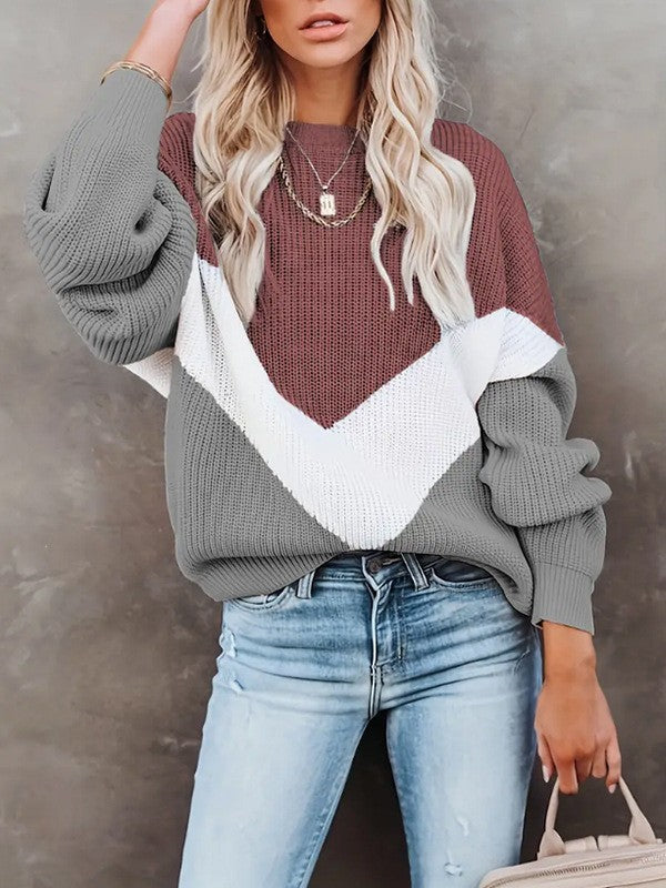 Damen Casual Blockstreifen Pullover mit voluminösen Ärmeln Drune