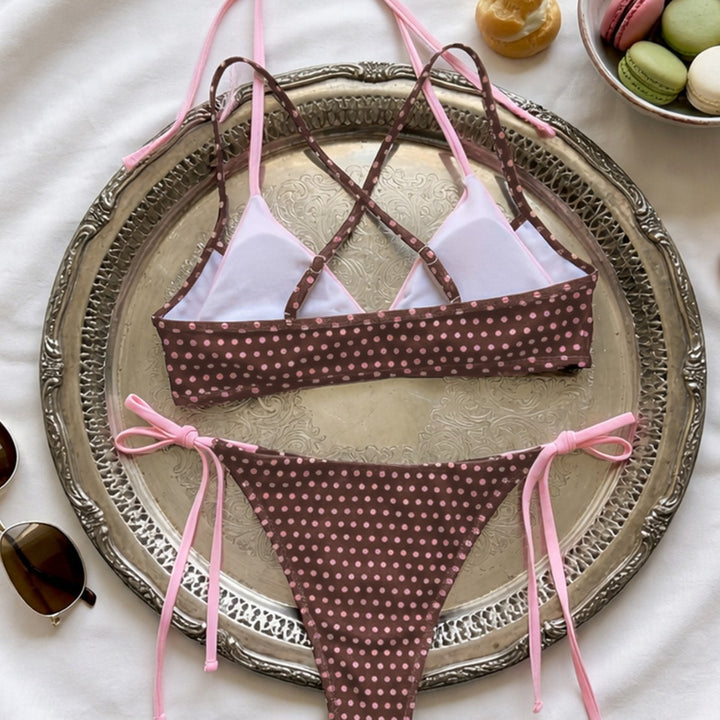 Damen Triangel-Bikini mit verspieltem Punktmuster und verstellbaren Bindebändern Drune