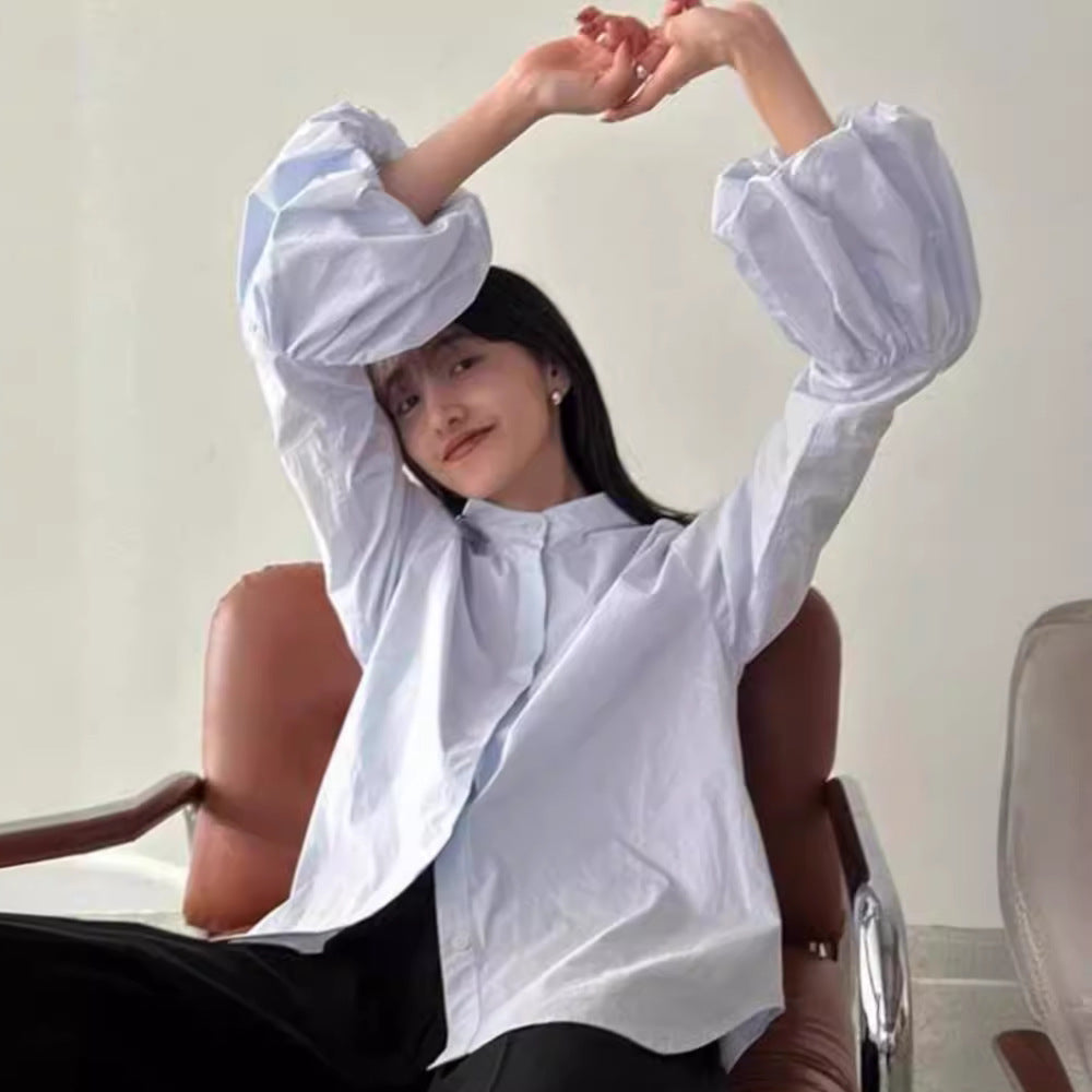 Damen Elegante Bluse mit voluminösen Ärmeln und Stehkragen Drune