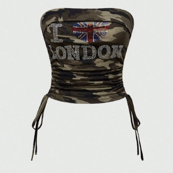 Damen Bustier-Oberteil mit Camouflage-Muster und Strass-Applikationen Drune