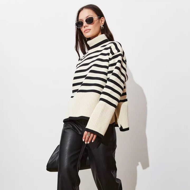 Damen gestreifter Pullover mit hohem Kragen und lässigem Schnitt Drune