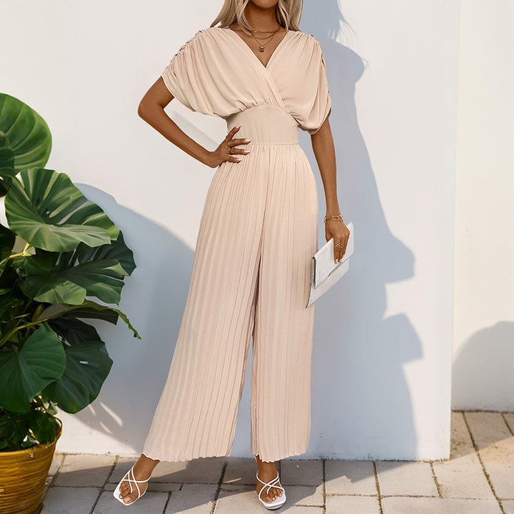 Damen Eleganter Jumpsuit mit tiefem V-Ausschnitt und voluminösen Ärmeln Drune