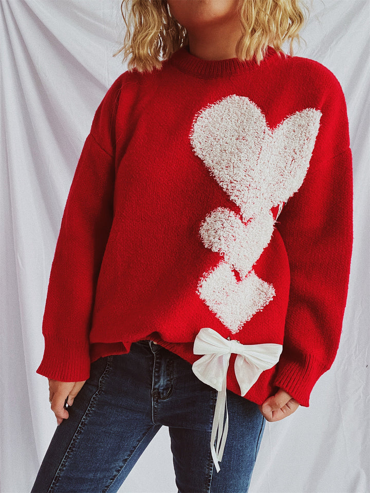Damen Pullover mit herzförmigem Design und dekorativer Schleife Drune