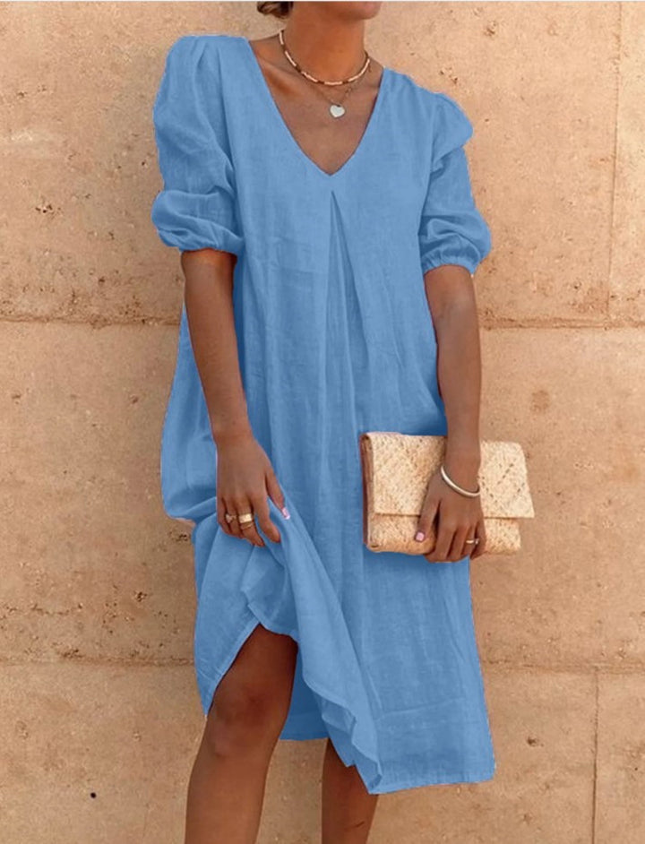 Damen lässiges Tunika-Kleid mit V-Ausschnitt und Ballonärmeln Drune