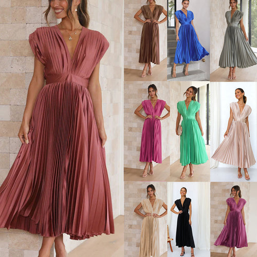 Damen Plissiertes Maxikleid mit tiefem V-Ausschnitt und fließendem Schnitt Drune