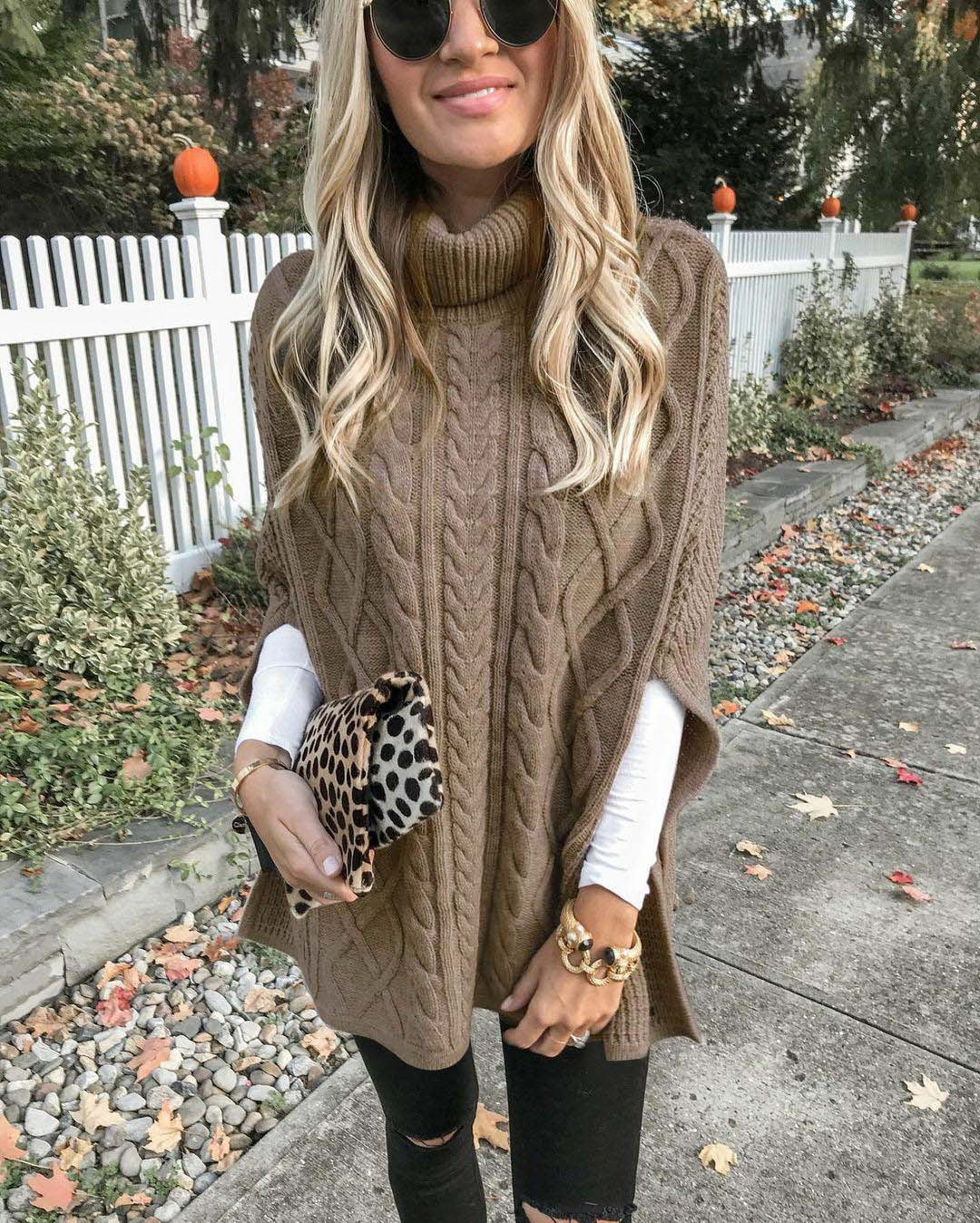Damen Strickponcho mit hohem Kragen Drune