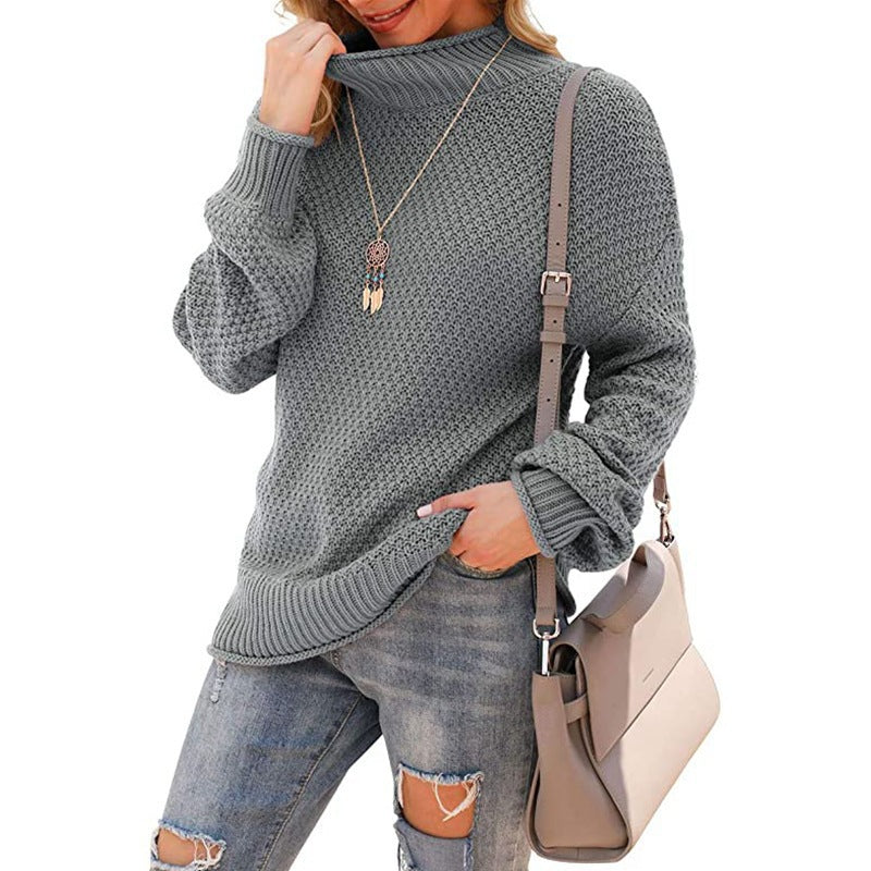 Damen Grobstrickpullover mit hohem Kragen und bequemen Ärmeln Drune