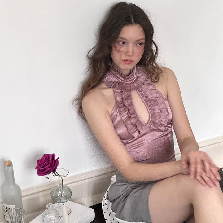 Damen elegantes Top mit rüschendem Stehkragen und tiefem Ausschnitt Drune