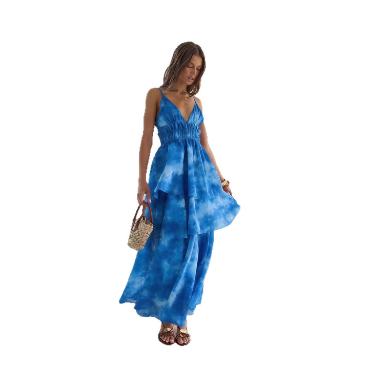 Damen Maxikleid mit voluminösen Rüschenschichten und V-Ausschnitt Drune