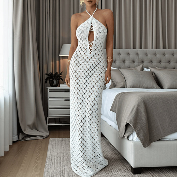 Damen Häkel-Maxi-Kleid mit innovativem Ausschnitt und seitlichen Cut-Outs Drune