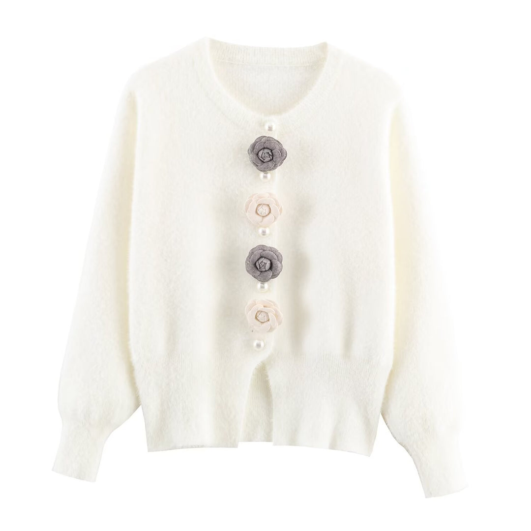 Damen Kuschelige Strickjacke mit stilvollen Blumendetails Drune