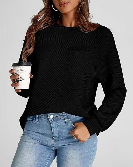 Damen lässiger Sweatshirt mit strukturiertem Design und aufgesetzter Brusttasche Drune