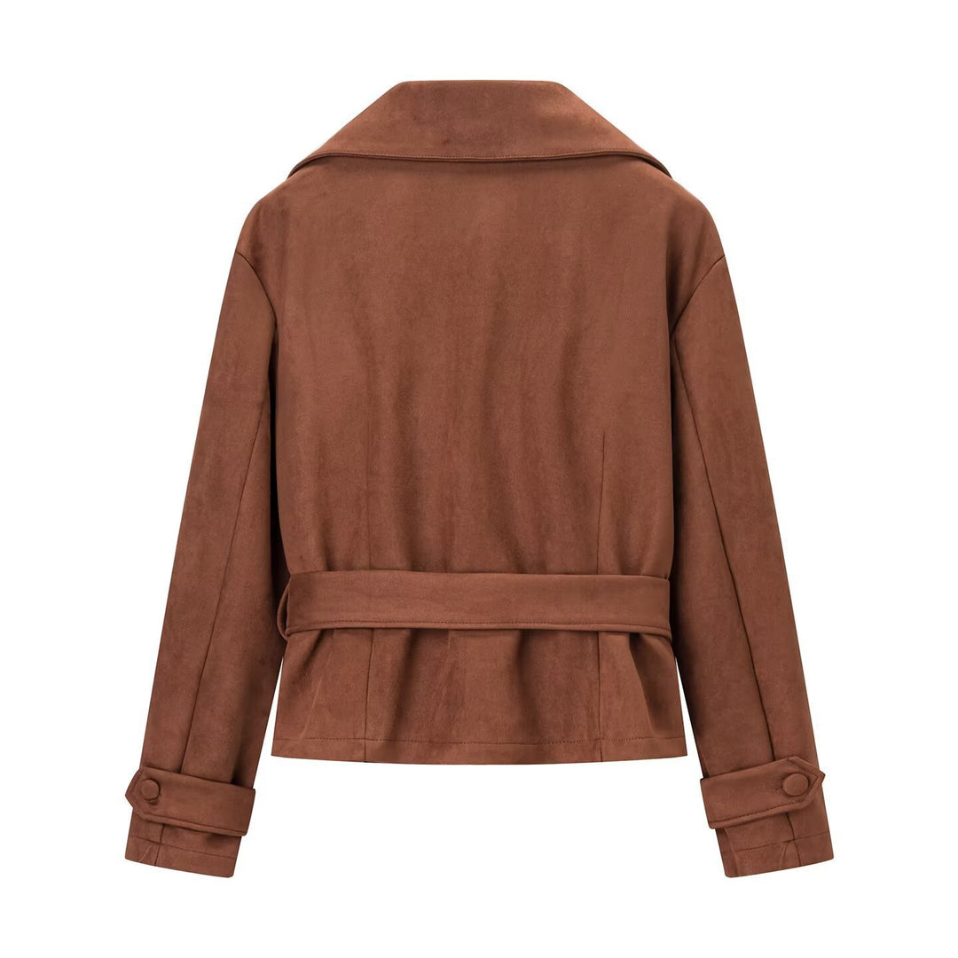 Damen modische Suede-Blazerjacke mit Gürtel und elegantem Schnitt Drune
