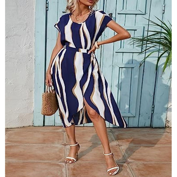 Damen Maxi-Kleid mit modernen Streifen und elegantem Schlitz Drune