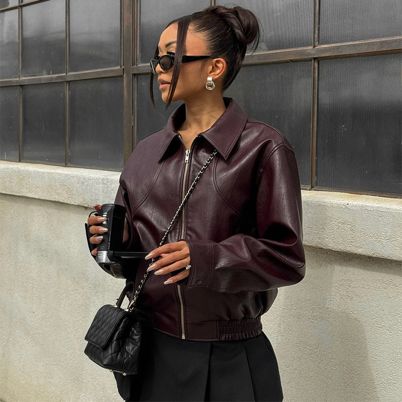 Damen Modische Kunstlederjacke mit elastischem Bund Drune