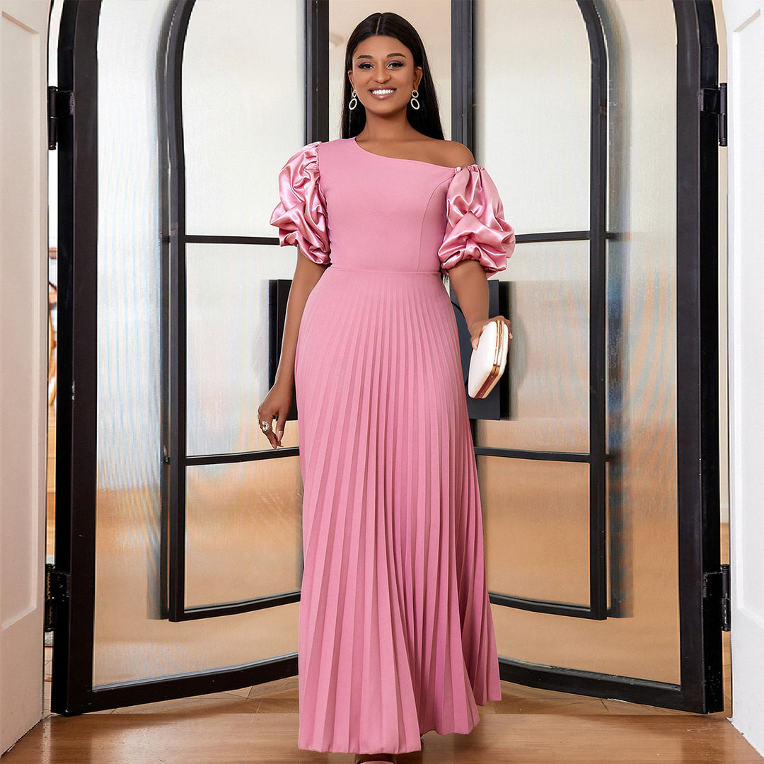 Damen Plissiertes Maxikleid mit asymmetrischem Oberteil und voluminösen Puffärmeln Drune