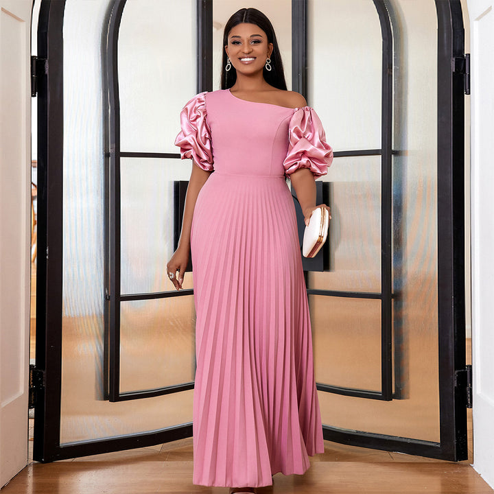 Damen Plissiertes Maxikleid mit asymmetrischem Oberteil und voluminösen Puffärmeln Drune